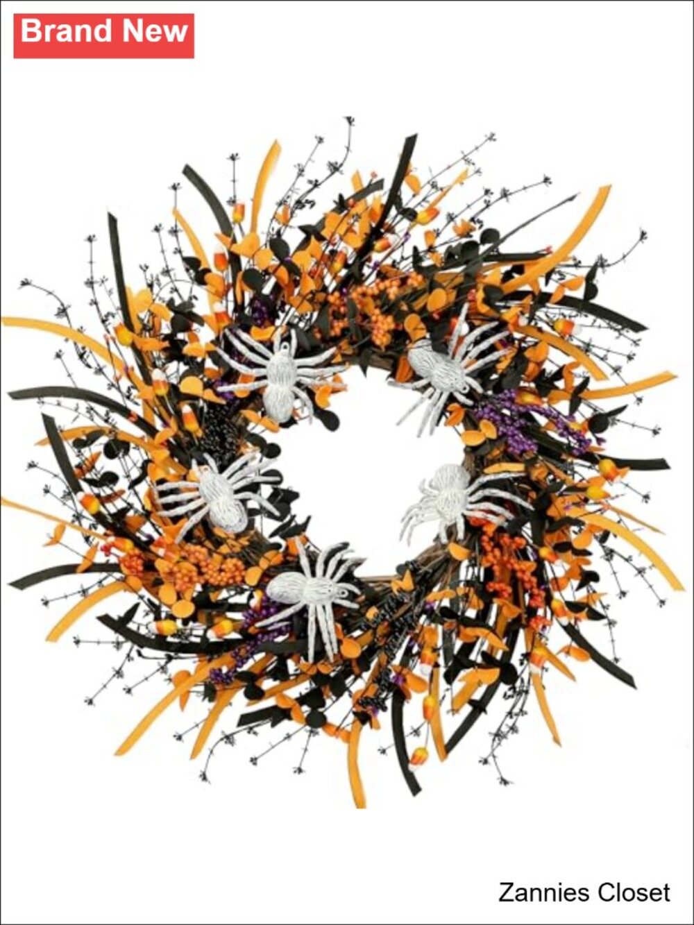 👻 23in Artificial Spider Halloween Wreath Foam Grapevine Front Door Decor